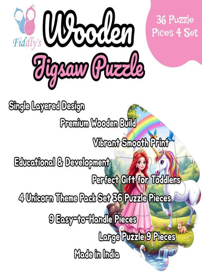 فيدلايز ألعاب أحجية الصور المقطوعة الخشبية ذات الطبقة الواحدة من فيدليز للأطفال - 9 قطع، مناسبة للأعمار من 3 إلى 6 سنوات، للبنات والأولاد، أحجية صور مقطوعة على شكل حيوانات (عبوة من 4 قطع: وحيد القرن والأميرة) - Image 3